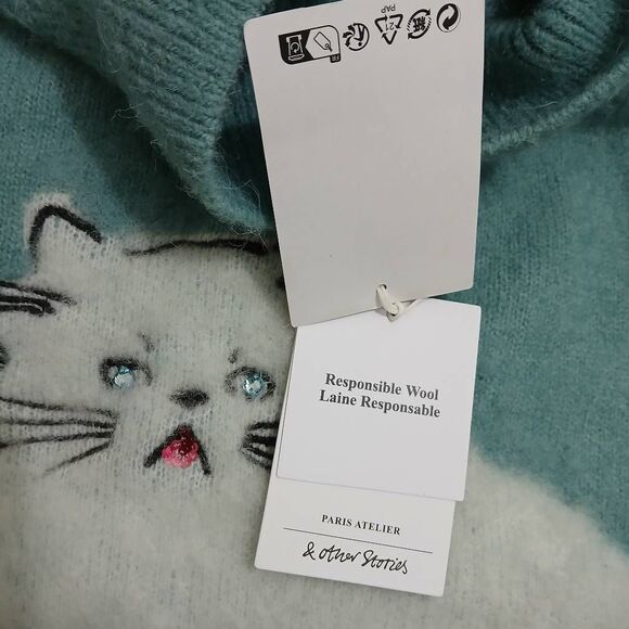 And other stories womens small cat lover sweater mockneck alpaca spruce green - Picture 5 of 8